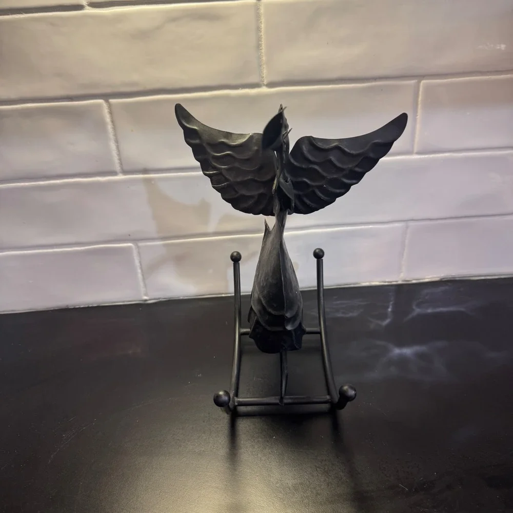 Angel Figurine Holiday Decor 8in Black Metal Rocking Trumpet Herald Rustic